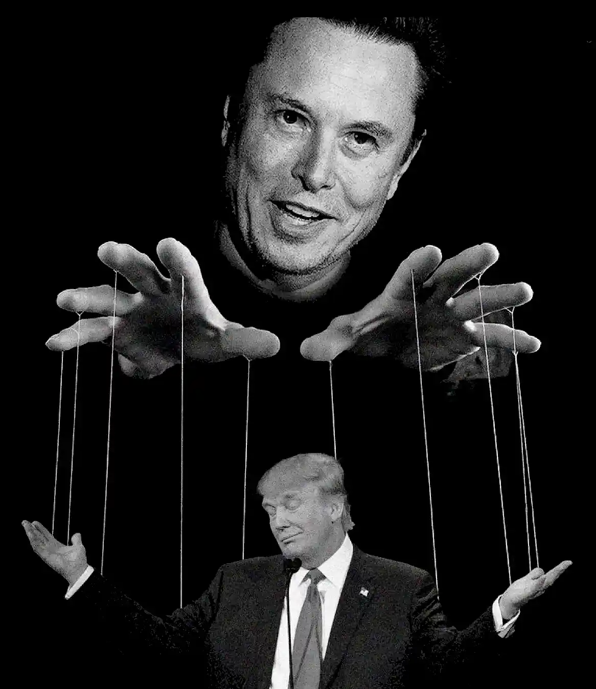 A black-and-white image shows a large, smiling face of Elon Musk above a smaller image of Donald Trump, with strings…