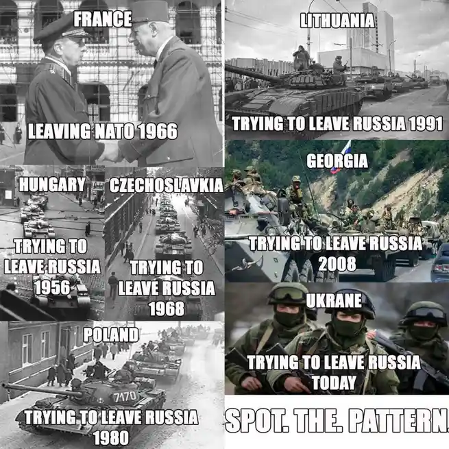 A collage of six historical black-and-white or color photos showing military or political events. The top-left image shows…