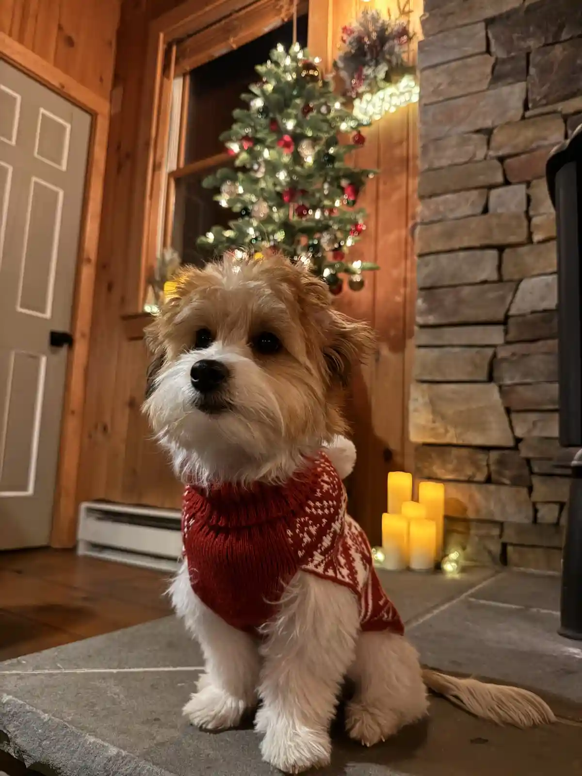 A small, fluffy dog with brown and white fur sits on a stone hearth in front of a decorated Christmas tree and stone…