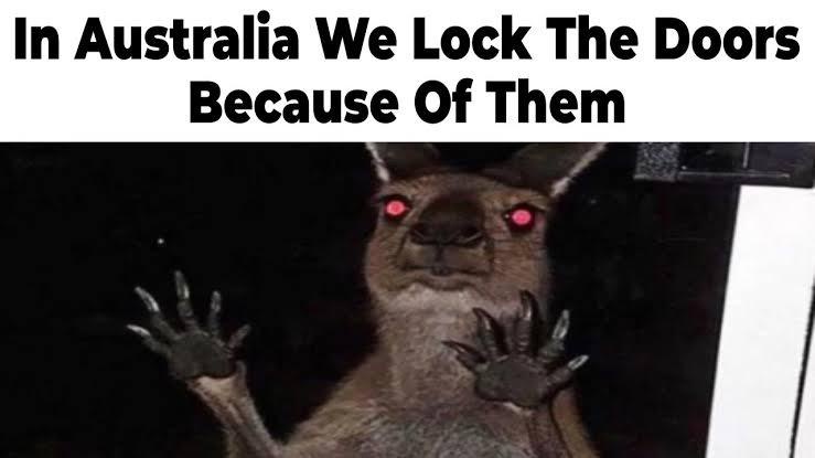 A close-up image of a kangaroo with glowing red eyes, pressing its paws against a door or window frame in a dark setting…