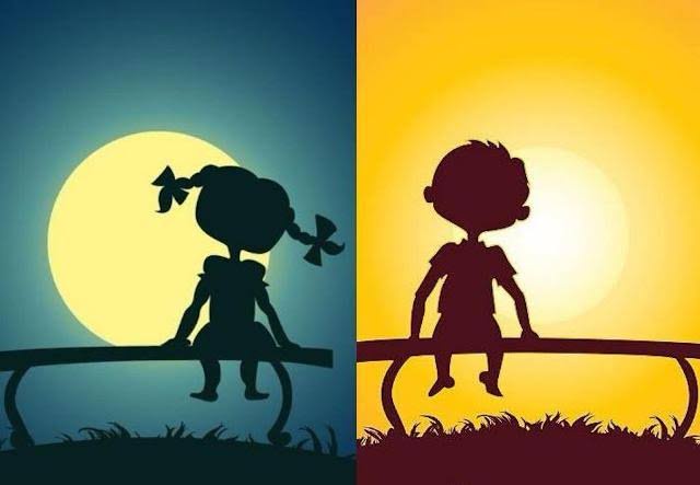 The image shows two silhouetted children sitting on a bench, split vertically. The left side features a girl with pigtails…
