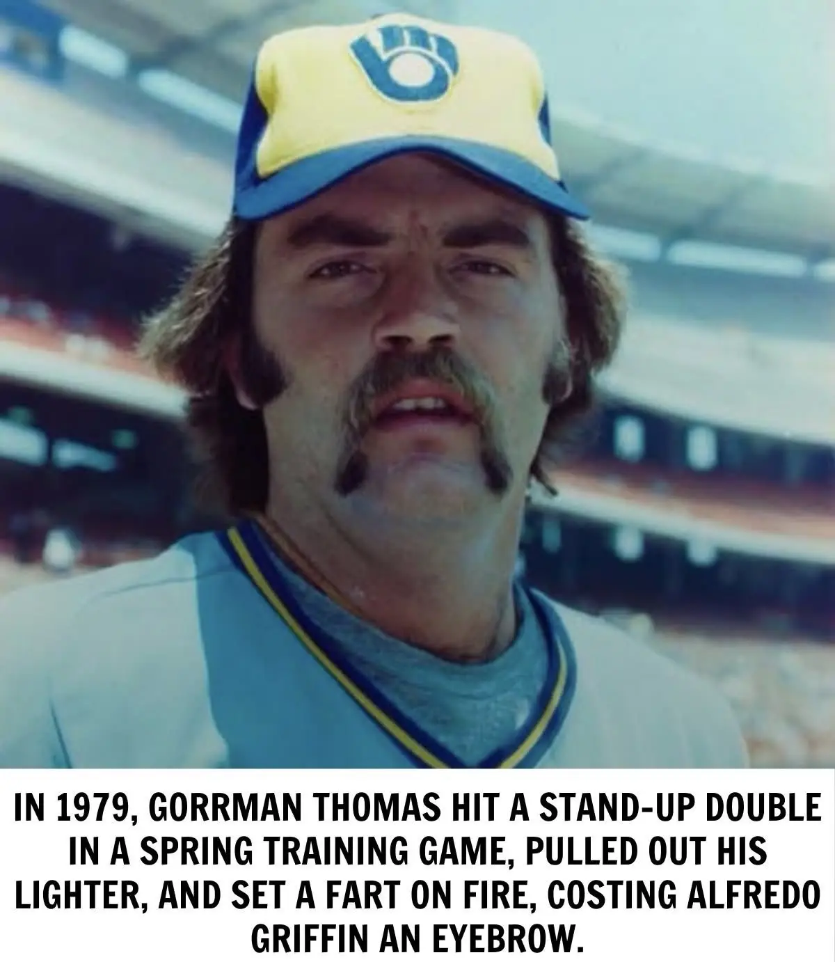 A vintage photo of baseball player Gorrman Thomas wearing a Milwaukee Brewers cap and jersey, looking intensely at the…