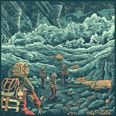 Four deep-sea divers in vintage orange and red gear stand on a rocky seabed, looking out at a chaotic, stormy ocean with…
