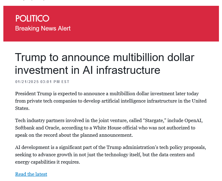 A screenshot of a Politico news article with a red header reading 'POLITICO Breaking News Alert'. The headline announces…