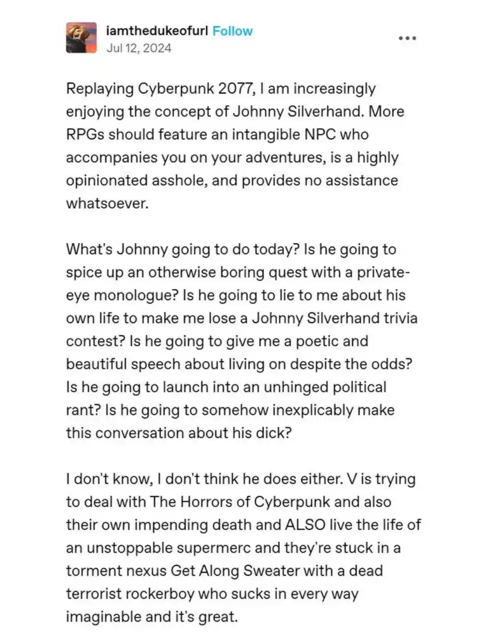 A screenshot of a social media post by 'iamthedukeofurl' dated July 12, 2024, featuring a long text rant about enjoying the…