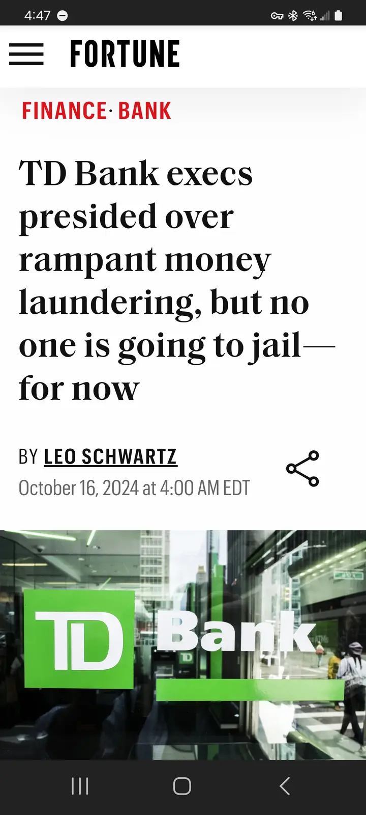 A screenshot of a Fortune magazine article titled 'TD Bank execs presided over rampant money laundering, but no one is going…