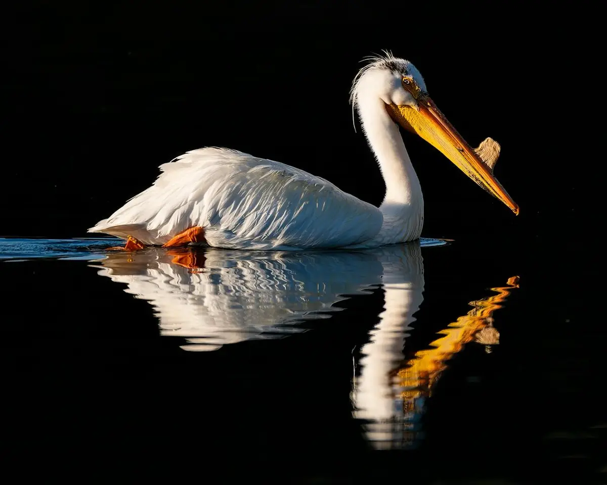A white pelican with a long yellow beak floats calmly on dark water, its reflection visible below. The bird's head is…