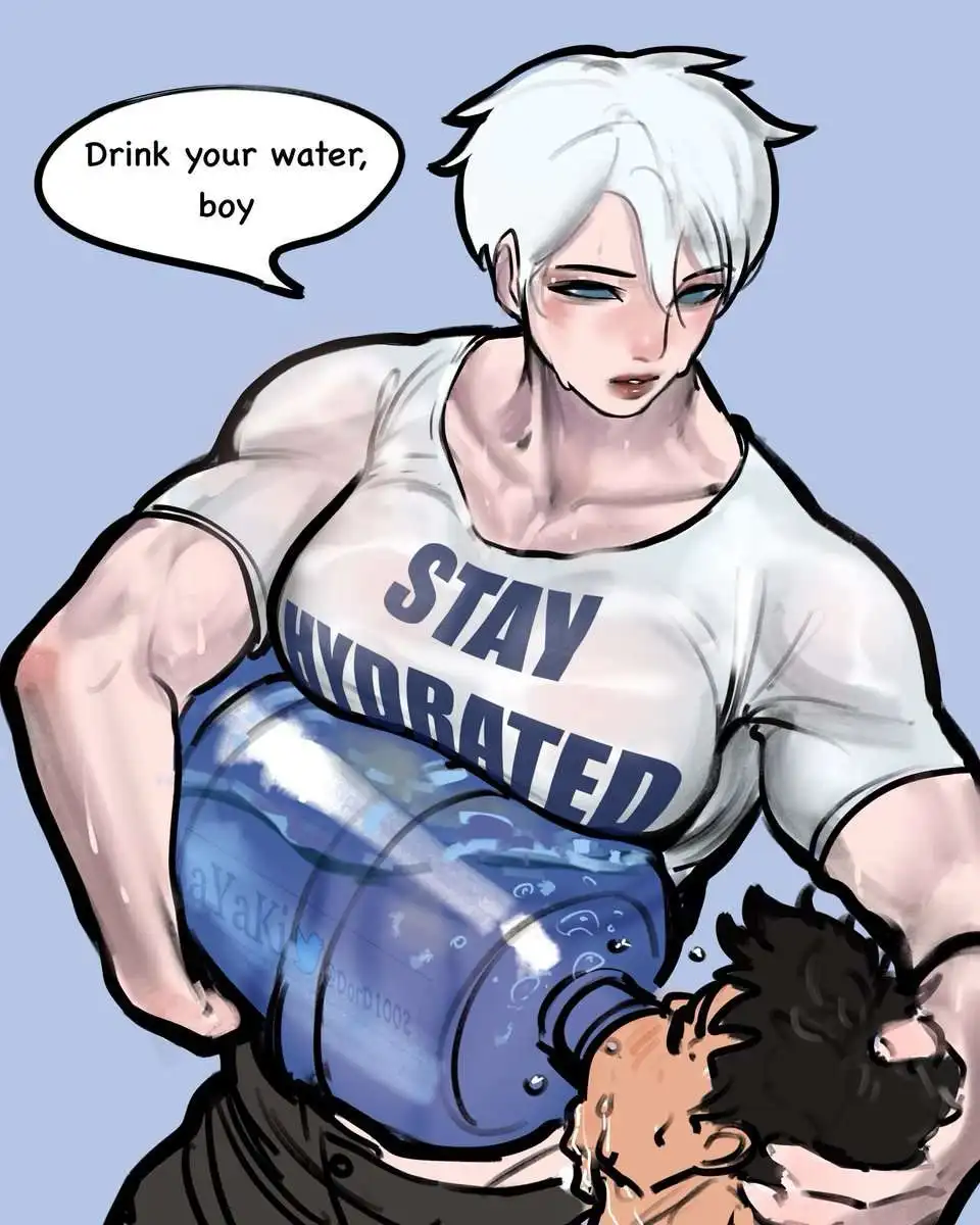A muscular anime-style man with white hair, wearing a white t-shirt that says 'STAY HYDRATED', is pouring water from a large…