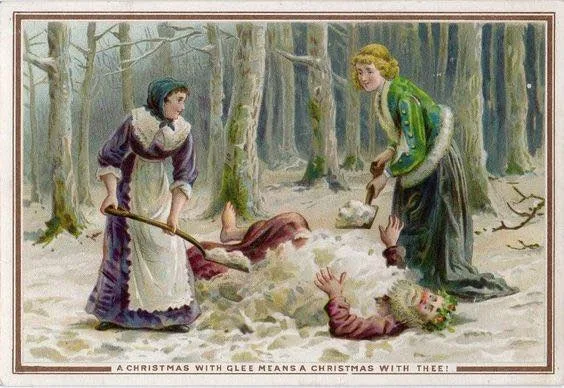 An antique-style illustration depicts two women in Victorian-era winter clothing burying a third person in snow in a forest…