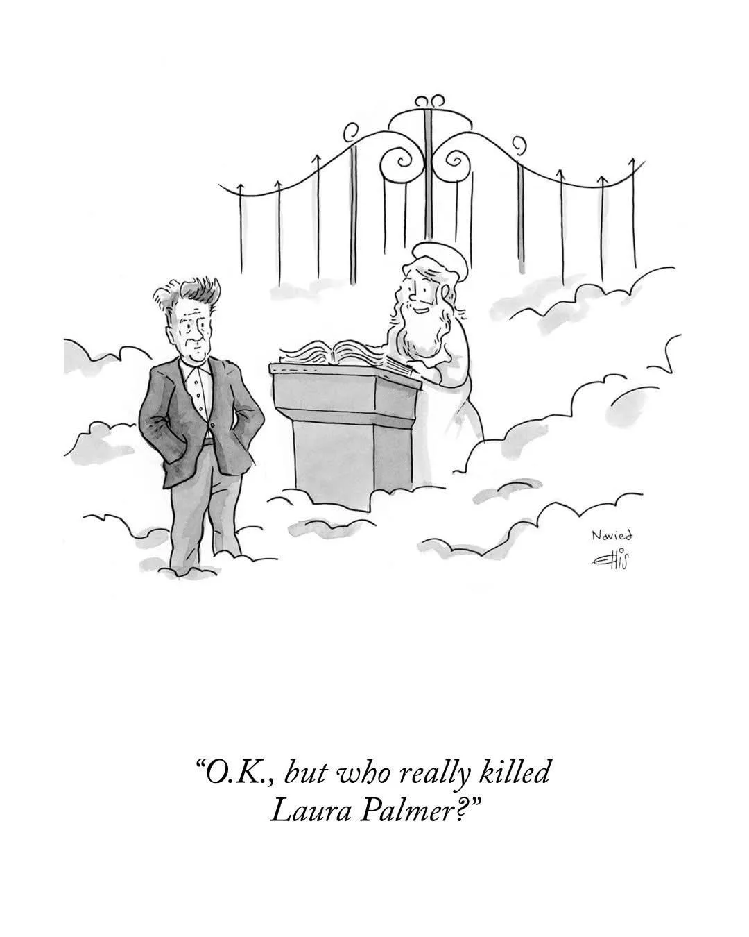 A black-and-white cartoon depicts a man in a suit standing beside a podium where a bearded, robed figure resembling a deity…
