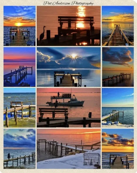 A 3x3 grid collage of scenic photographs showing wooden docks extending into water during various times of day and weather…