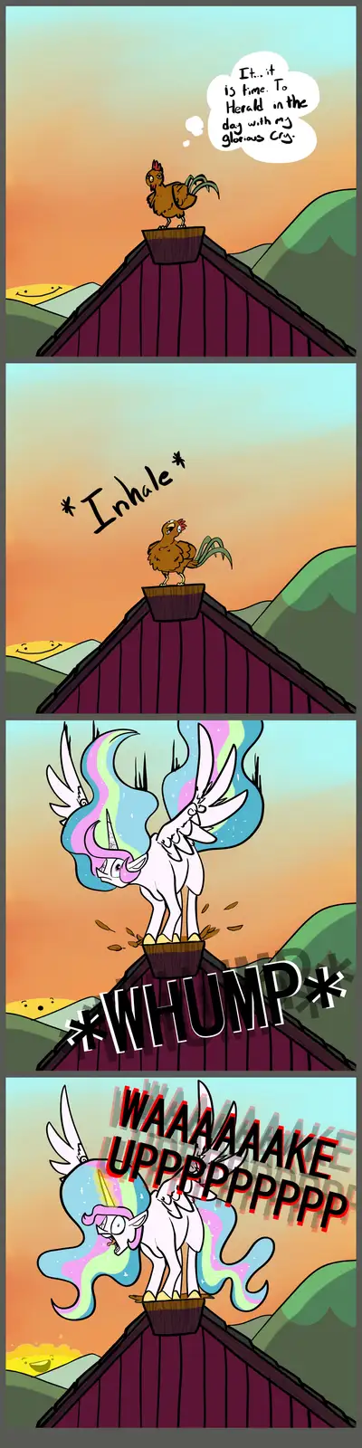 A four-panel comic shows a chicken on a roof preparing to crow, then transforming into a magical unicorn pony. The chicken…