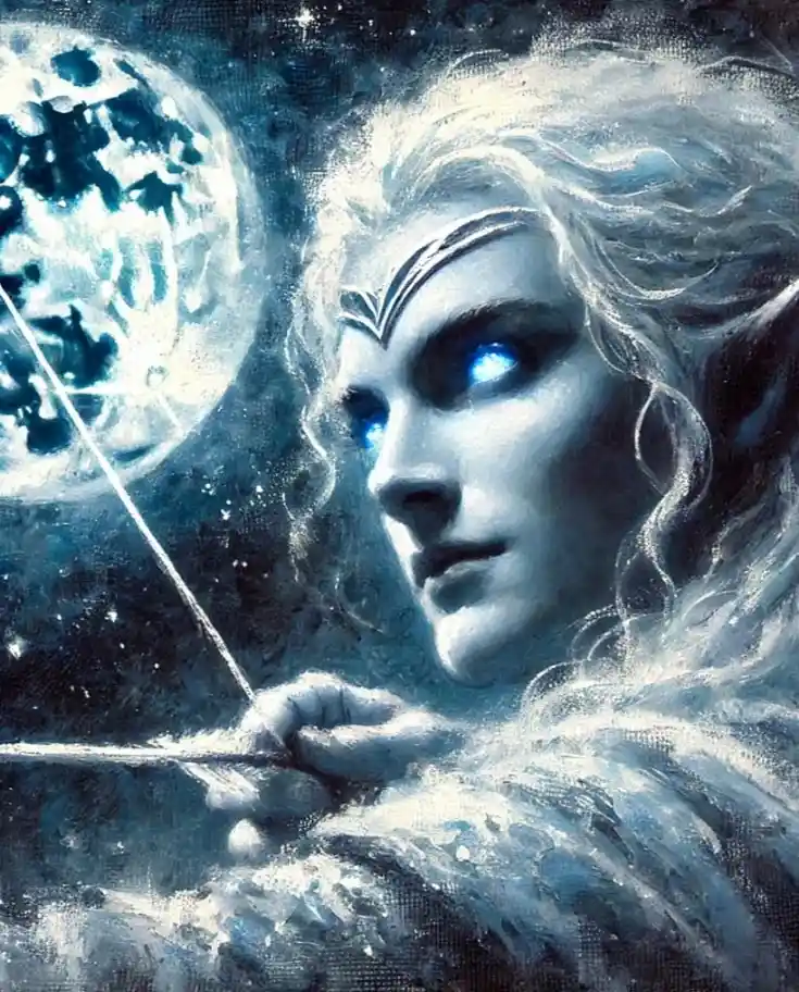A fantasy artwork depicts a pale, ethereal figure with glowing blue eyes, long white hair, and a silver headband, holding a…