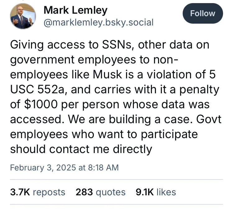 A screenshot of a Bluesky post by Mark Lemley dated February 3, 2025, stating that giving access to government employee data…