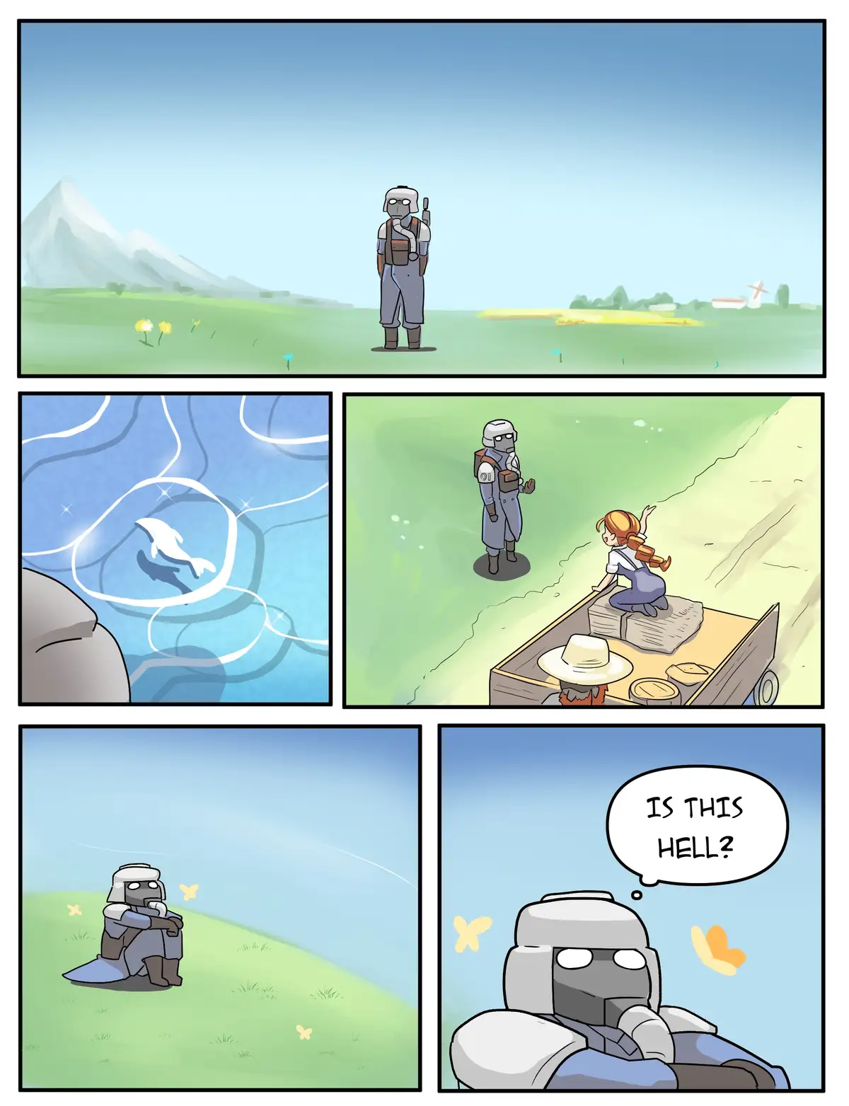 A four-panel comic shows a gray-armored soldier standing in a peaceful, sunny field with mountains and flowers. He sees a…