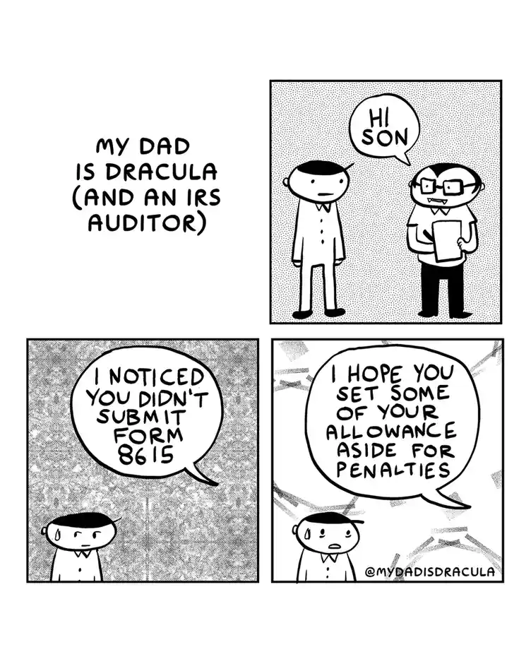 A four-panel comic strip titled 'MY DAD IS DRACULA (AND AN IRS AUDITOR)' shows a son meeting his father, who is depicted…