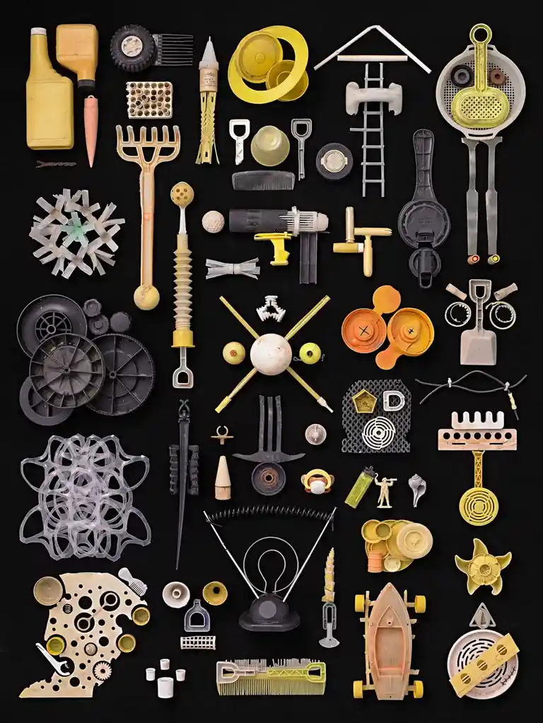 An overhead shot displays a diverse collection of discarded plastic items arranged on a black background, including bottle…