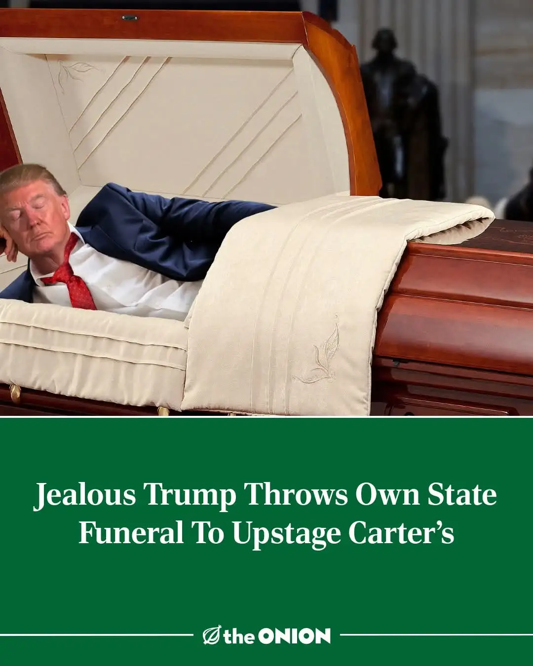 A man resembling Donald Trump lies in an open wooden casket wearing a suit and red tie, appearing to be sleeping. The image…