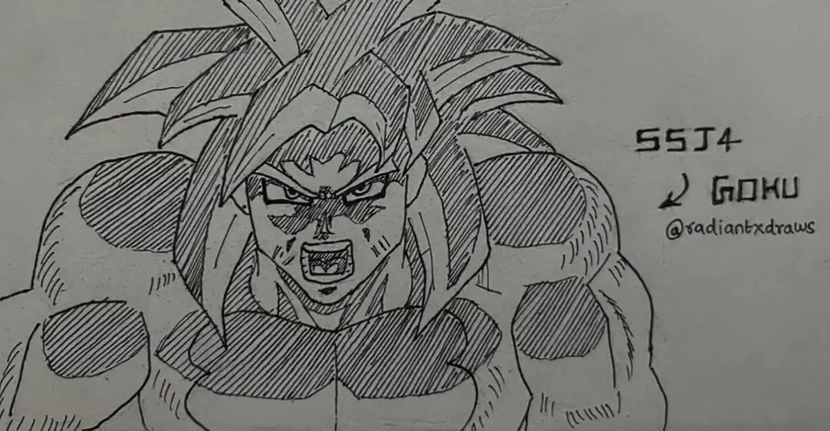 A black-and-white sketch depicts a muscular, spiky-haired anime character with an angry expression, identified by text as…