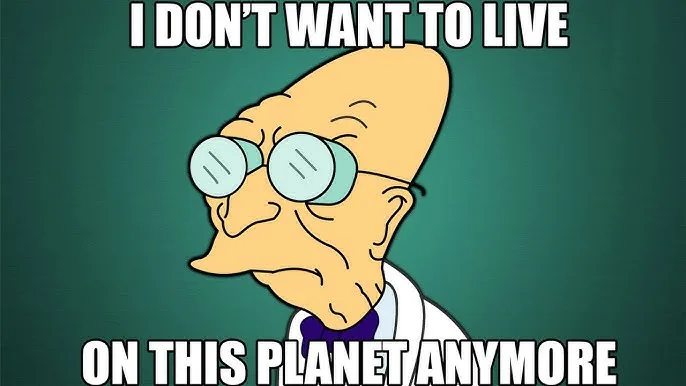 A cartoon image of Professor Farnsworth from Futurama, looking extremely sad and defeated with his head tilted down, against…