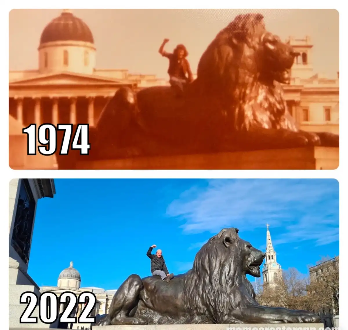 Two photos show the same person sitting atop a large bronze lion statue in front of a classical building. The top photo…
