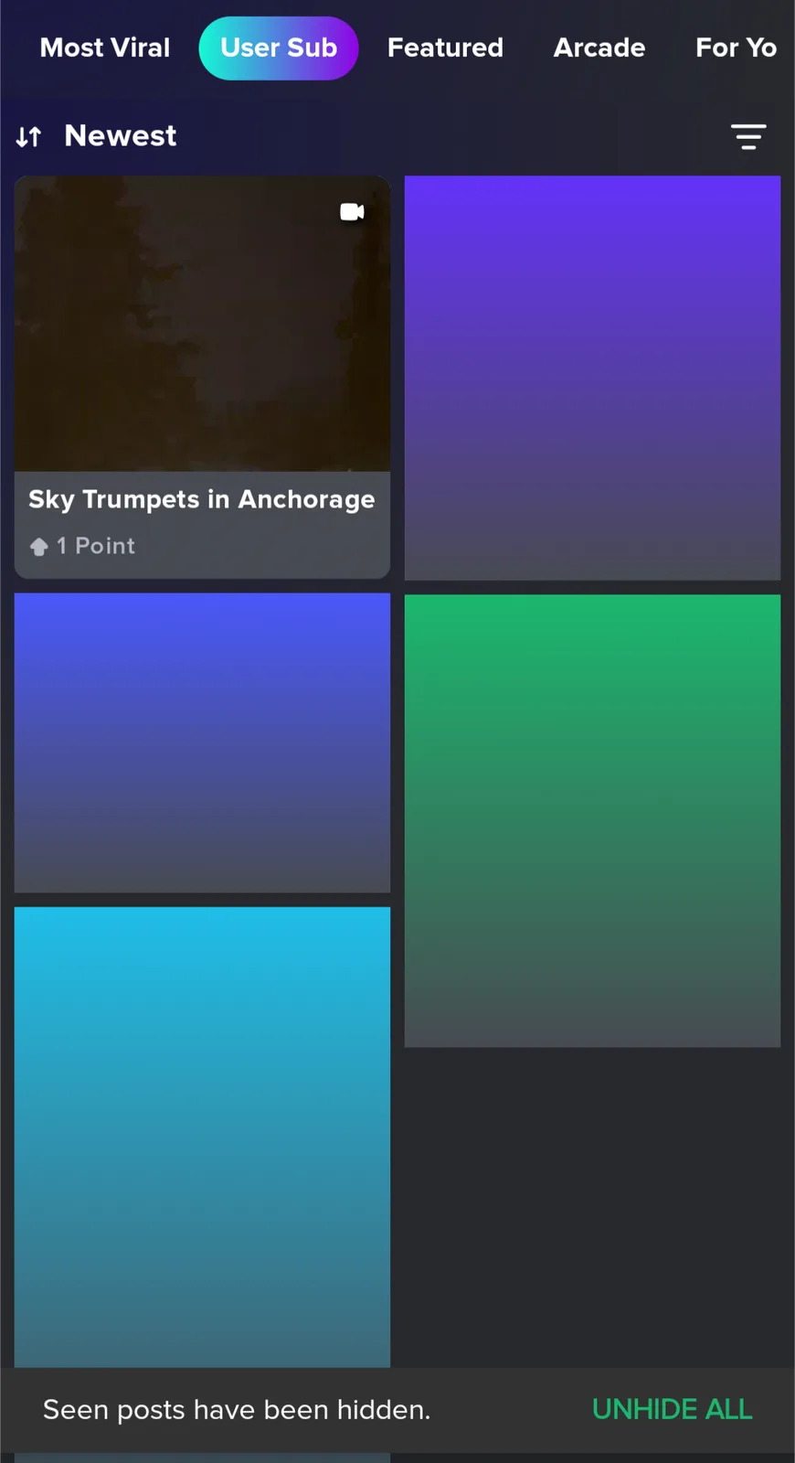 A screenshot of a social media feed showing a single visible post titled 'Sky Trumpets in Anchorage' with 1 point…
