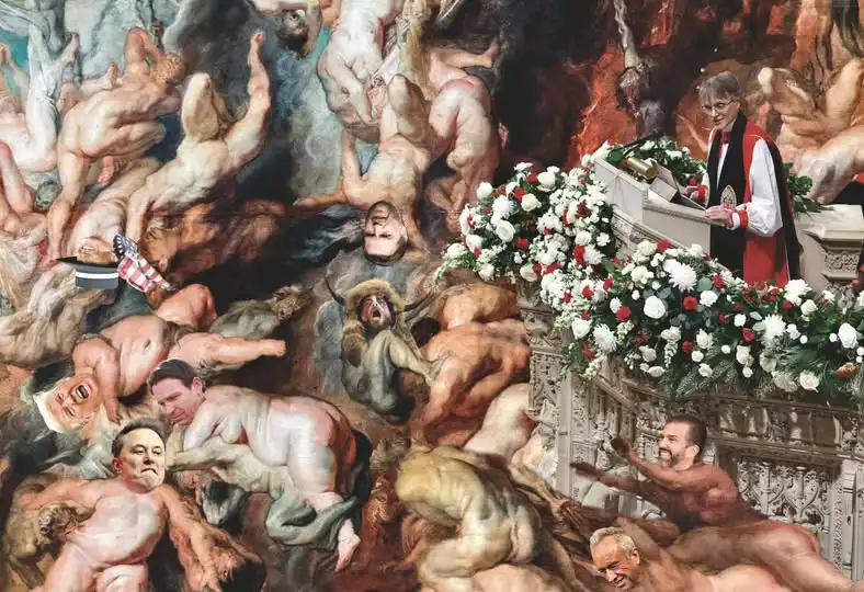 a digitally altered image of a classical painting depicting nude figures in torment, with a modern man in clerical attire…