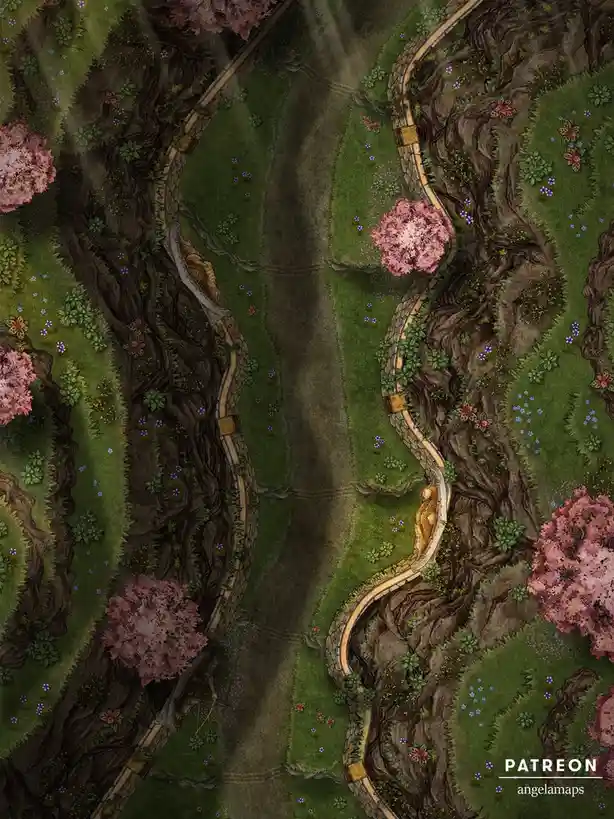 An overhead fantasy map depicts a winding stone path through a lush green valley with pink flowering trees and purple…