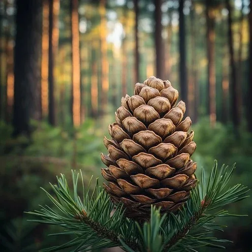 A close-up photograph of a brown pine cone resting on green pine needles, with a blurred forest background featuring tall…