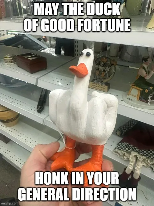 A person holds a white ceramic duck figurine with orange beak and feet in a store aisle, with shelves of other decorative…