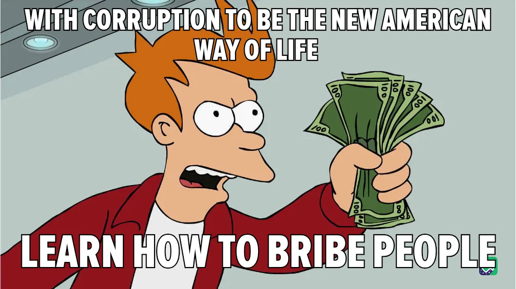 A cartoon character with spiky orange hair, wearing a red jacket over a white shirt, holds a fan of US $100 bills while…