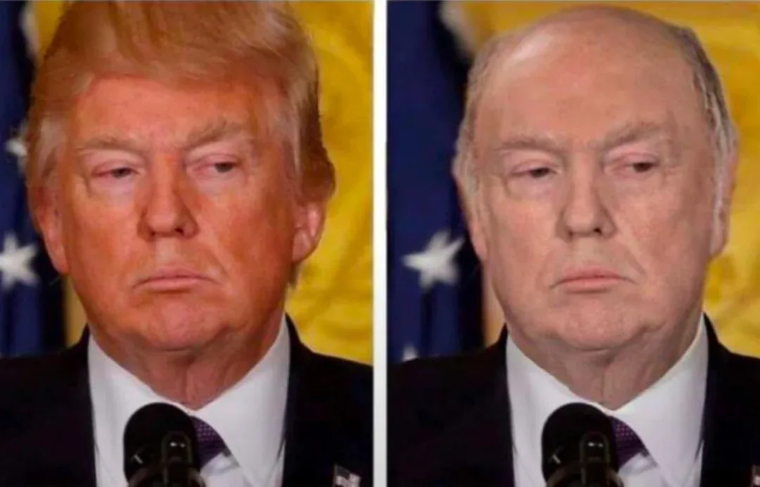 The image displays two side-by-side photos of Donald Trump, the first showing him with his signature blonde hair and the…