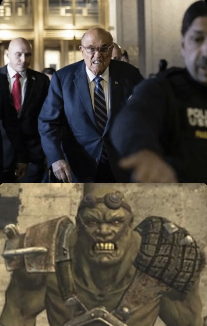 this meme features two images: the top shows an older man in a suit and tie, looking angry and surrounded by security, while…