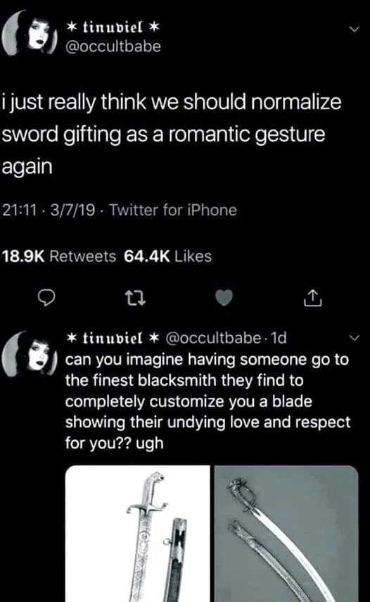 A screenshot of two tweets from user @occultbabe, where the first tweet suggests normalizing sword gifting as a romantic…