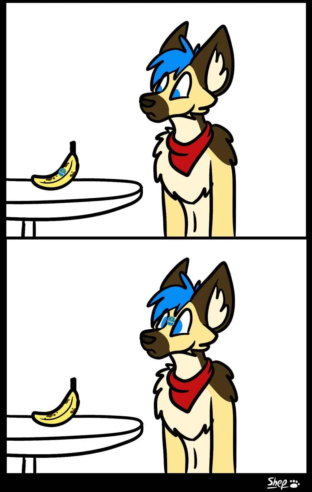Two-panel comic featuring an anthropomorphic canine character with blue hair and a red bandana. In the top panel, the…