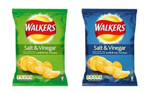 Two identical Walkers Salt & Vinegar potato chip bags side by side, one green and one blue, both featuring the same product…