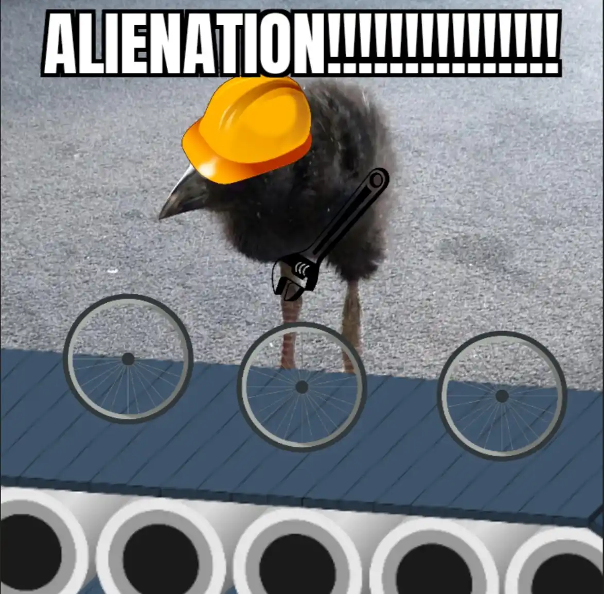 A digitally altered image shows a black bird, resembling an ostrich or emu, wearing a yellow hard hat and holding a wrench…