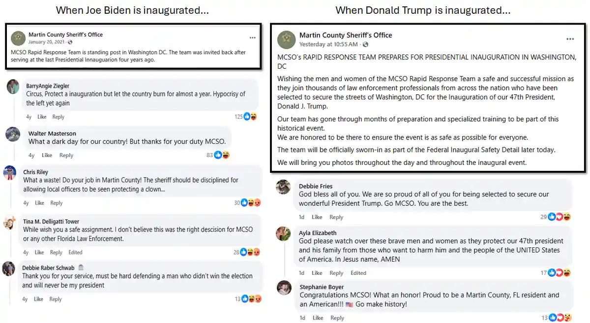 The image displays two side-by-side screenshots of Facebook comments from the 'Martin County Sheriff's Office' page. The…