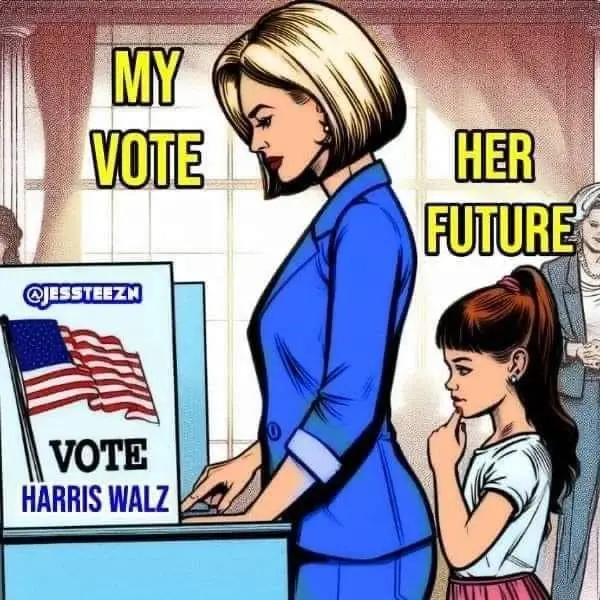 A comic-style image shows a woman in a blue suit casting a vote at a polling station, with a young girl standing beside her…