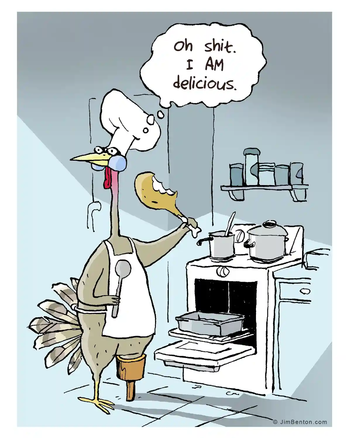 A cartoon turkey wearing a chef's hat and apron stands in a kitchen, holding a wooden spoon and looking into an open oven. A…