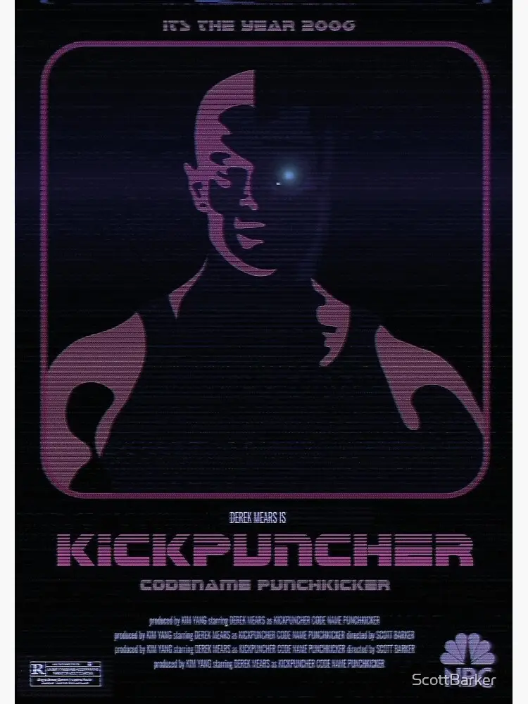 A stylized, glitchy movie poster parody with a purple-hued silhouette of a man in a fighting stance, overlaid with text that…