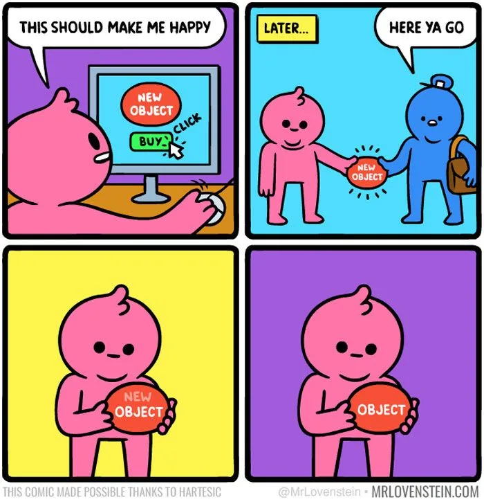 A four-panel comic shows a pink character excitedly clicking 'BUY' on a computer to get a 'NEW OBJECT'. Later, a blue…