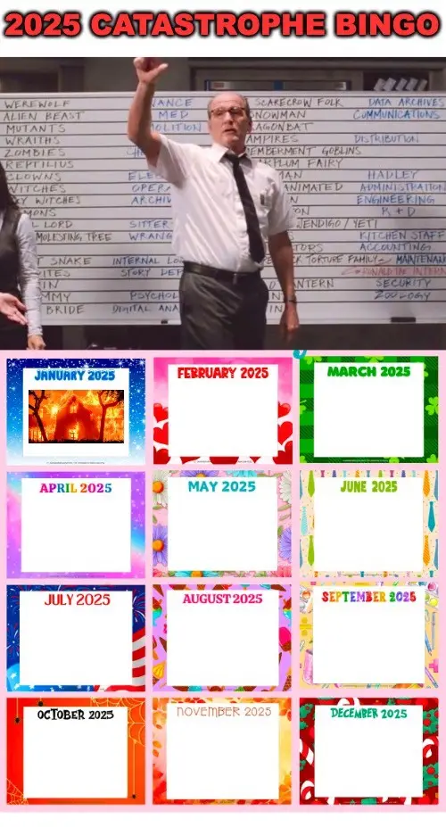 A man in a white shirt and tie stands in front of a whiteboard filled with chaotic, handwritten disaster-themed items like…