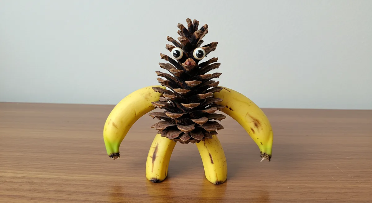A pinecone with googly eyes and a small pink nose is arranged to look like a creature, with four bananas forming its arms…