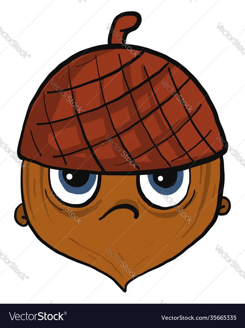A cartoon acorn with a grumpy, frowning expression and large blue eyes, wearing its own cap as a hat. The image has a white…