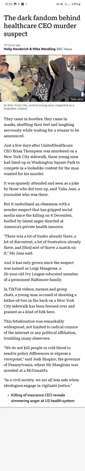 A BBC News article screenshot shows a photo of several young men in hoodies and masks gathered in a park, seemingly…