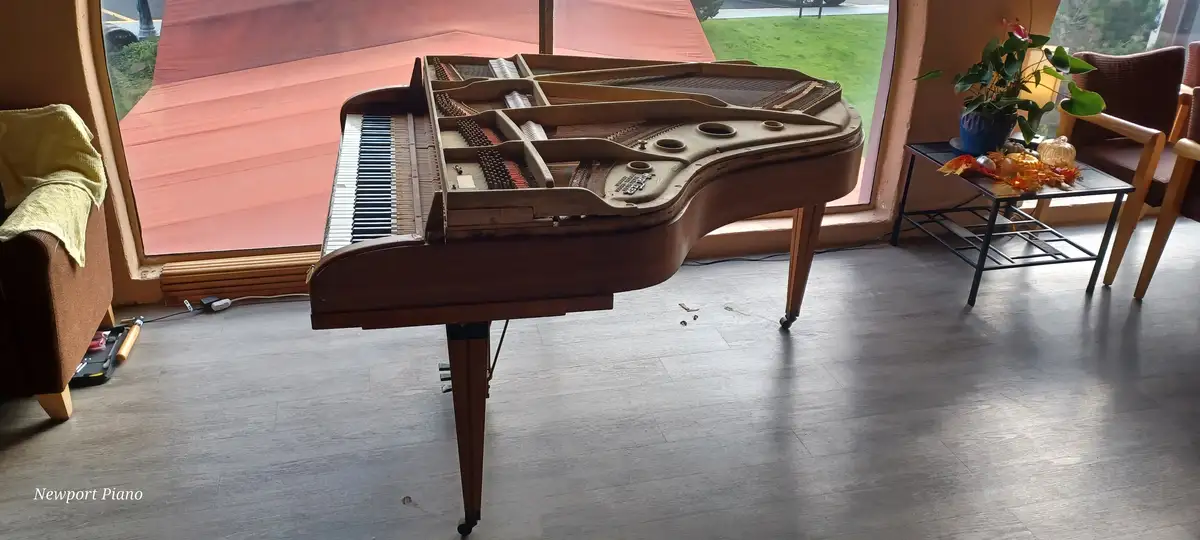 A grand piano with its lid open and internal strings exposed sits in a living room, with scattered debris on the floor…
