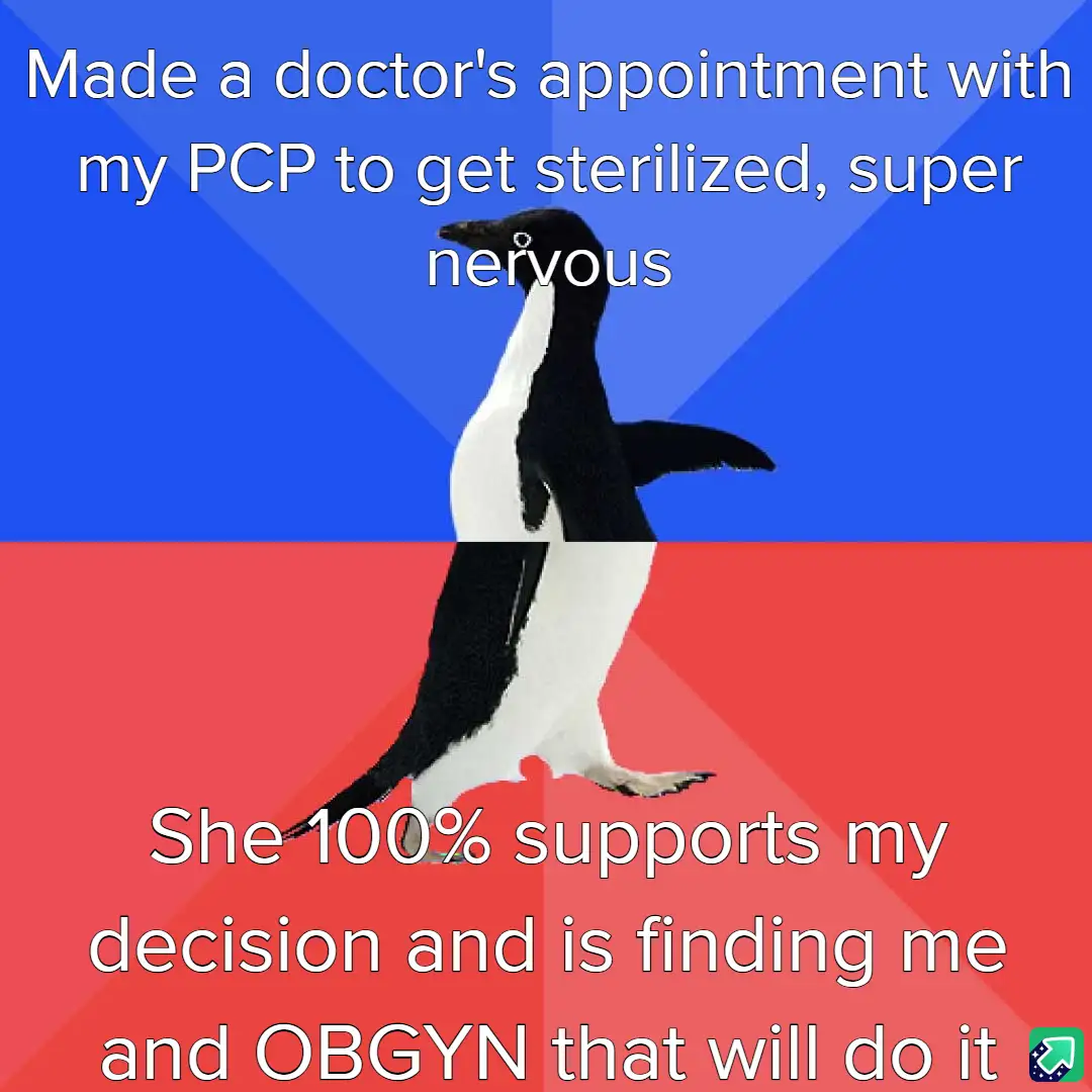 A penguin stands centered against a blue and red background, split horizontally. White text overlays the image in two…
