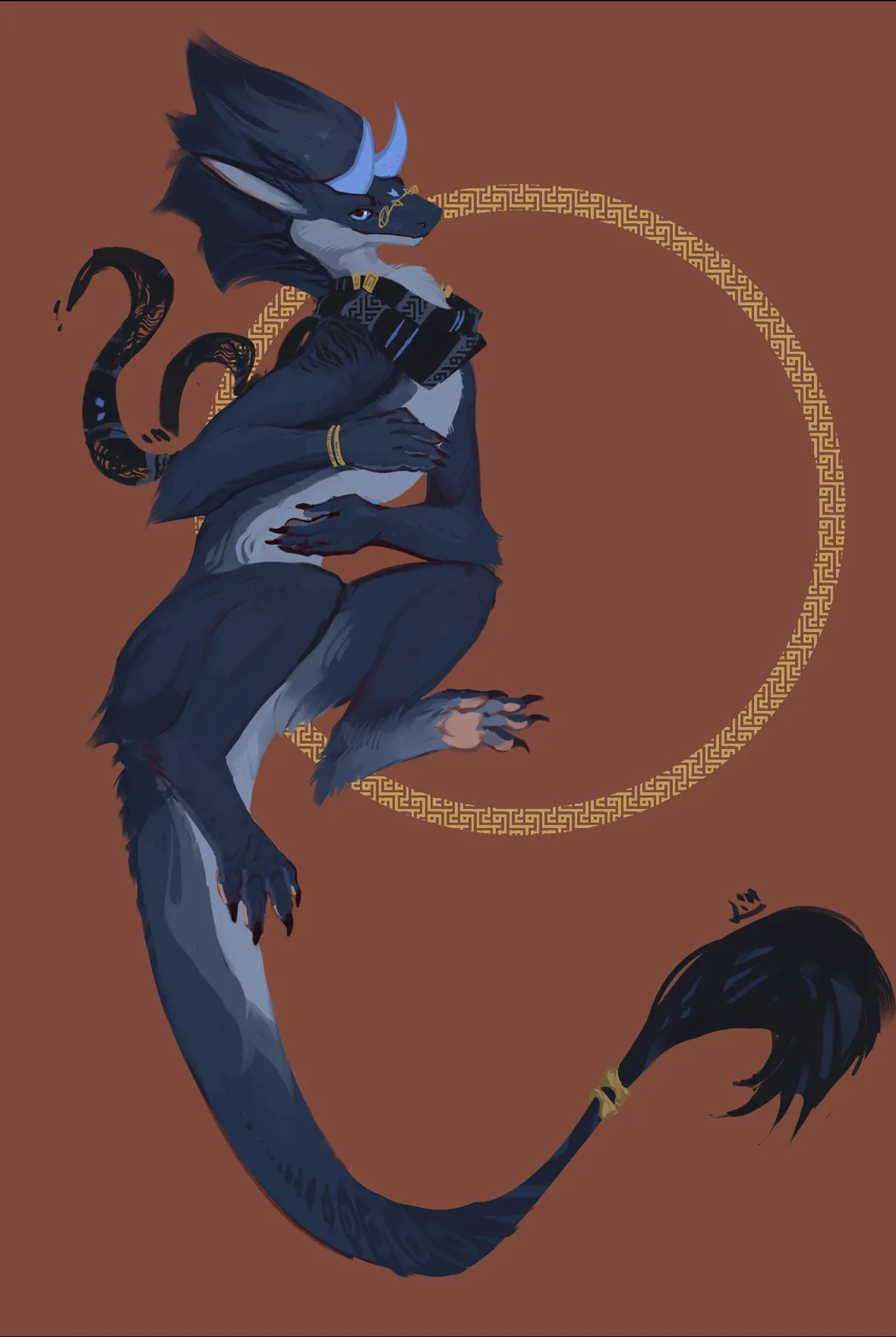 A stylized blue and white dragon-like creature with horns and a long tail sits curled in a circle against a brown…