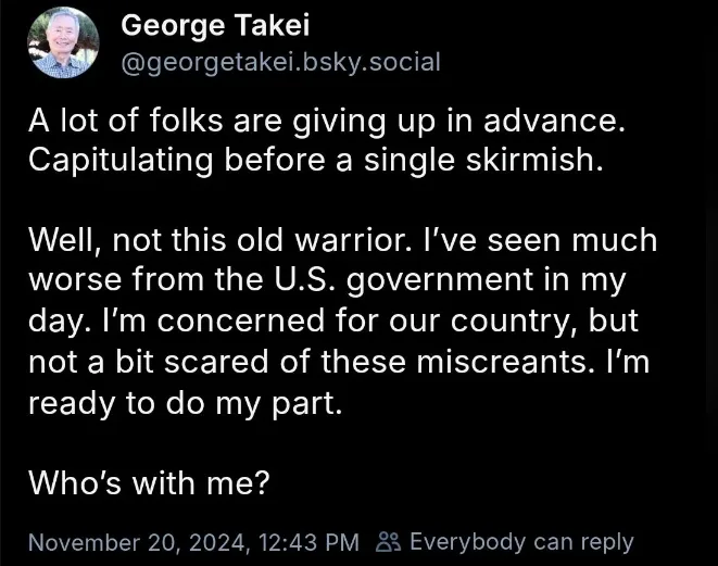 A screenshot of a post by George Takei on a social media platform, featuring his profile picture and a text message where he…